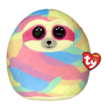 Rainbow plush sloth with large eyes and a heart-shaped Ty tag
