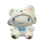 Plush white bear character with blue bow tie and hood