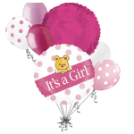 Bouquet of pink and white balloons with a teddy bear 'It's a Girl' balloon in front