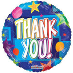 Round foil balloon with colorful "THANK YOU!" text and stars