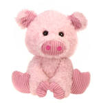 Pink plush pig stuffed animal with black eyes and striped ears