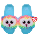 Pair of rainbow owl plush slippers with blue soles