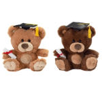 Two teddy bears wearing graduation caps and holding diplomas