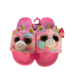 Pair of pink unicorn plush slippers with glittery gold horns