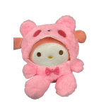 Pink plush teddy bear costume character with a bow