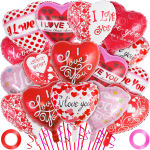 Cluster of heart-shaped Valentine's balloons with red and pink love messages