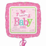 Pink baby girl welcome balloon with a ribbon tail