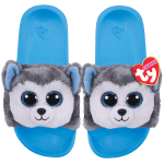 Pair of blue slide sandals with plush husky faces