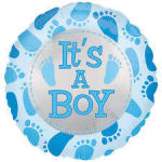 Blue balloon with "It's A Boy" text and baby footprints
