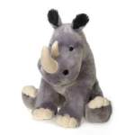 Plush gray rhinoceros toy with cream-colored horns and feet