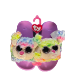 Pair of plush toy slippers with rainbow fur and purple soles