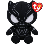 Black superhero plush toy with silver eye details and a red heart tag