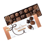 Box of assorted chocolates with a white and peach wrapper