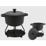 Two black cast iron pots on metal stands, one with a lid