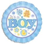 Blue round balloon with "It's a Boy" text and baby-themed icons