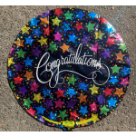 Round foil balloon with multicolored stars and the word Congratulations