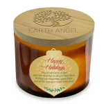 Amber candle in a glass jar with a wooden lid and holiday label