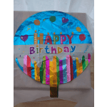 Round birthday balloon with colorful "Happy Birthday" text