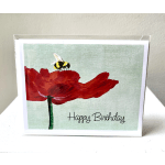 Birthday card with a red flower and a bee illustration