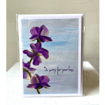 Sympathy card with purple flowers and the words "So sorry for your loss"