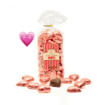 Bag of dark chocolate heart candies with a pink heart graphic