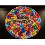 Round foil balloon with "Happy Anniversary" text and colorful confetti pattern