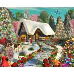 Snowy cottage scene with decorated Christmas trees and birds