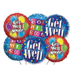 Cluster of colorful get well soon balloons