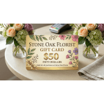 Fifty-dollar Stone Oak Florist gift card with floral illustration, set between two small rose and hydrangea vases.