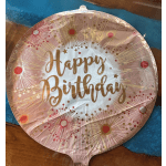 Round foil birthday balloon with gold "Happy Birthday" text