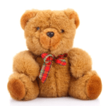 Brown teddy bear with a plaid ribbon bow