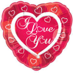 Heart-shaped red foil balloon with "Love You" text and small hearts