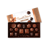 Box of assorted milk and dark chocolates with a ribbon design on the lid
