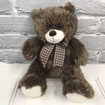 Brown teddy bear with a checkered bow sitting against a brick wall