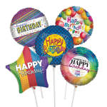 Assorted birthday balloons with colorful printed messages on sticks