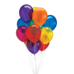 Cluster of colorful helium balloons with curling ribbons