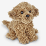 Small tan plush puppy sitting on a white background
