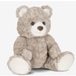 Plush teddy bear with beige fur and white paws sitting on a white background