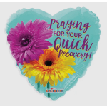 Heart-shaped balloon with gerbera daisies and recovery message