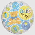 Round baby boy balloon with a teddy bear and pastel icons