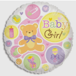 Round foil balloon with a teddy bear and "Baby Girl" text