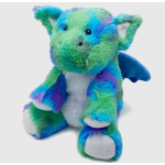 Rainbow plush dragon toy with blue wings and white belly