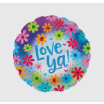 Round balloon with colorful flowers and the words "Love Ya!"