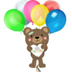 Bear-shaped balloon holding a "Feel Better" heart with colorful balloons