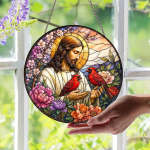 Round stained-glass-style hanging panel with Jesus, flowers, and two red birds