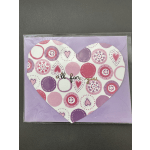 Heart-shaped greeting card with pink and purple patterns and the words "all for you"