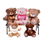 Five teddy bears arranged on a bench, including one holding a heart pillow