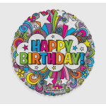 Round birthday balloon with colorful "Happy Birthday" text