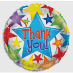 Round foil balloon with colorful stars and "Thank you!" text
