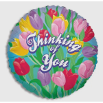 Round balloon with colorful tulips and the words Thinking of You